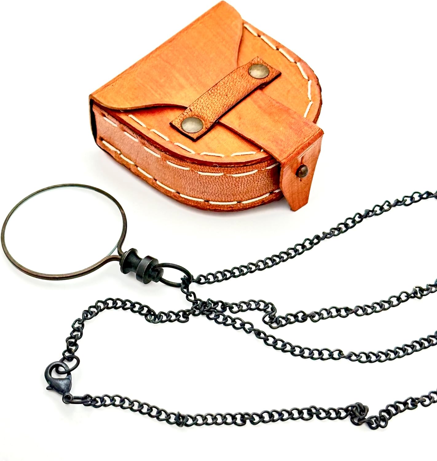 Antique Brass Pendant Magnifier 2" with 15" Chain and Leather Box view 7