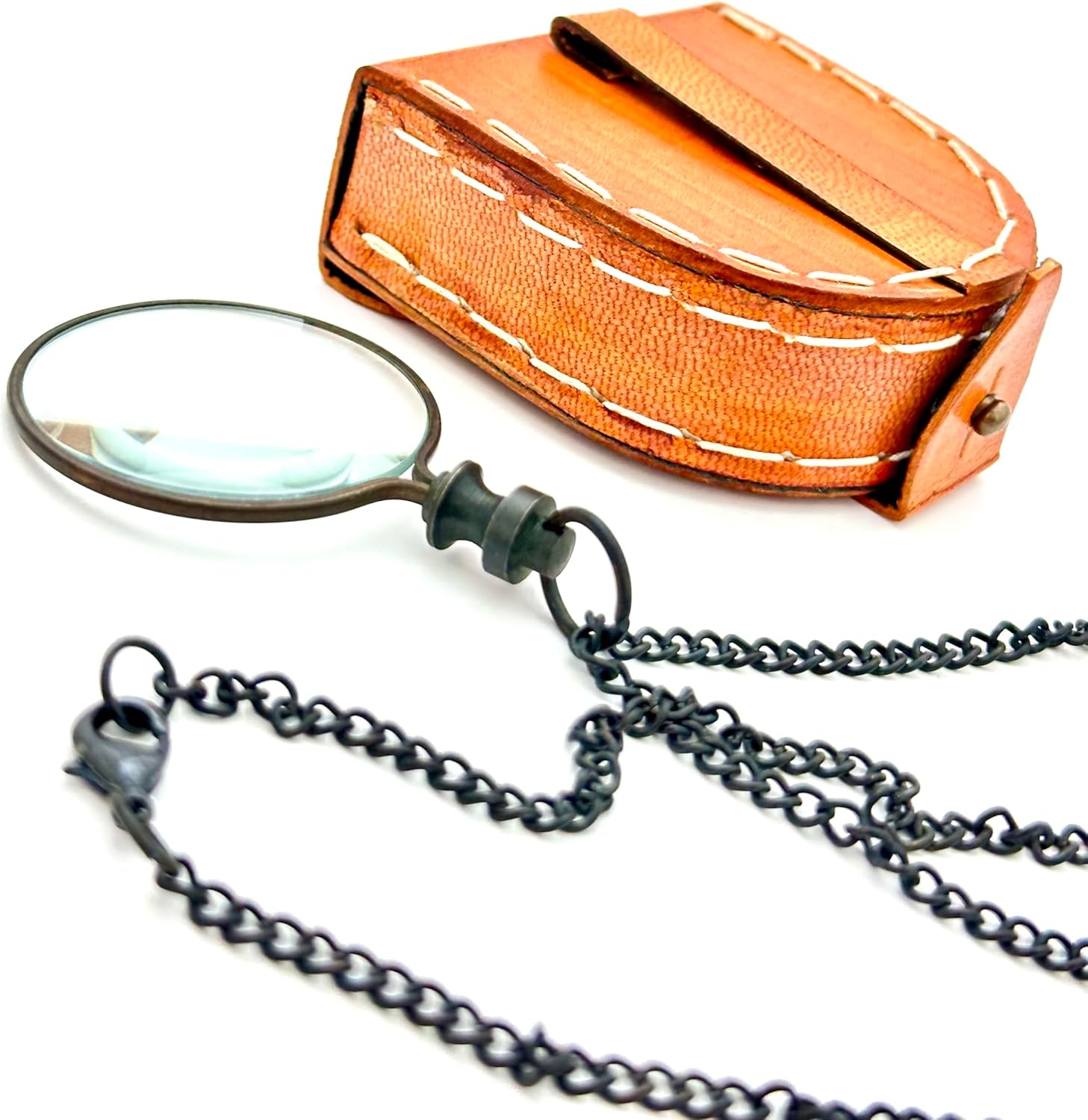 Antique Brass Pendant Magnifier 2" with 15" Chain and Leather Box view 8