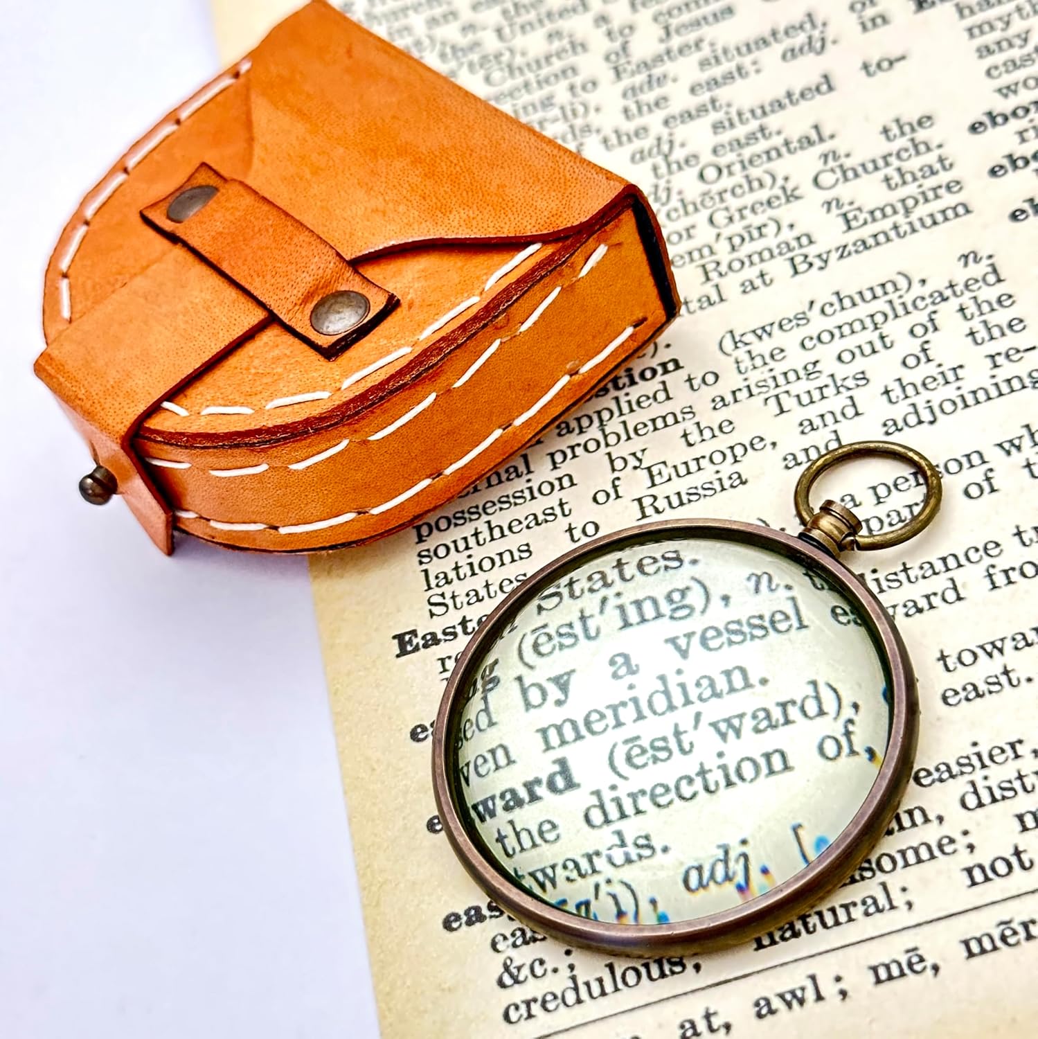 Antique Brass Pocket Dome Magnifier 2" with Leather Case view 2