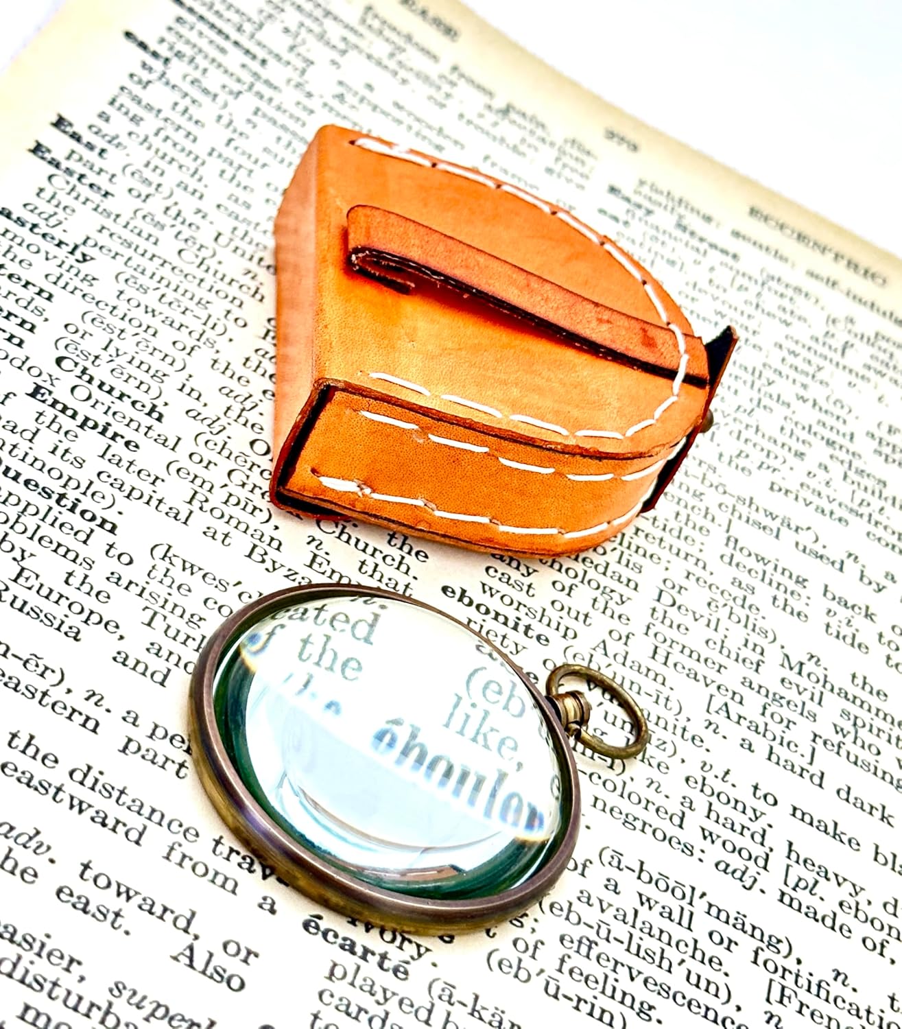 Antique Brass Pocket Dome Magnifier 2" with Leather Case view 3