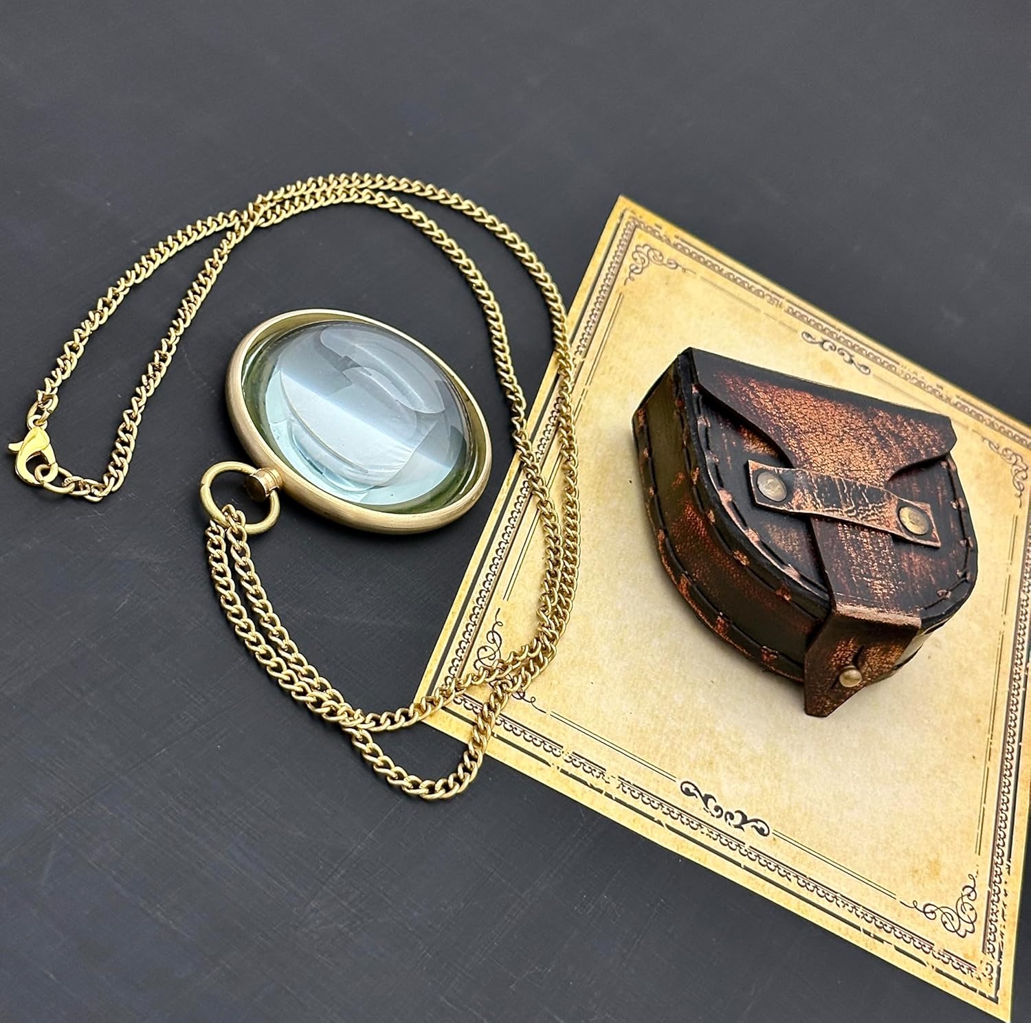 Antique Brass Pocket Dome Magnifier 2" with Leather Case view 11