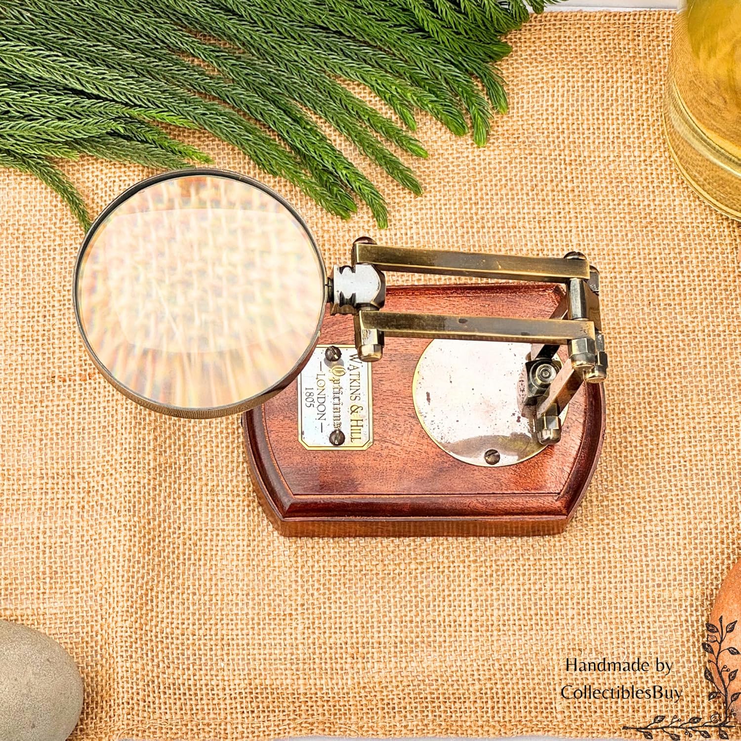 Antique Brass Magnifier 3.5" on Adjustable Wooden Stand with Three-Hinge Movement view 2