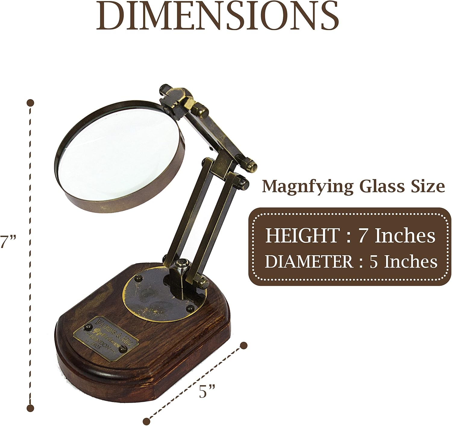 Antique Brass Magnifier 3.5" on Adjustable Wooden Stand with Three-Hinge Movement view 3