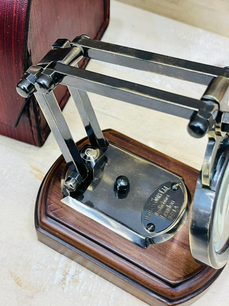 Antique Brass Magnifier 3.5" on Wooden Stand with Red Leather Case view 3