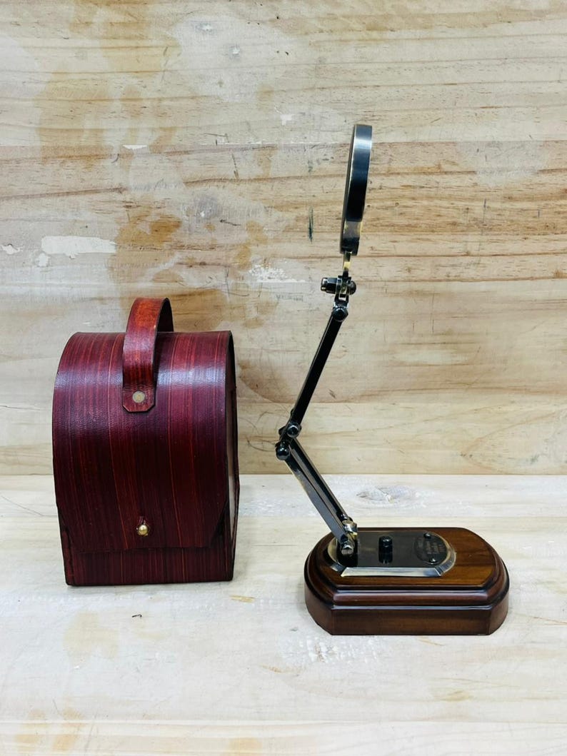 Antique Brass Magnifier 3.5" on Wooden Stand with Red Leather Case view 9