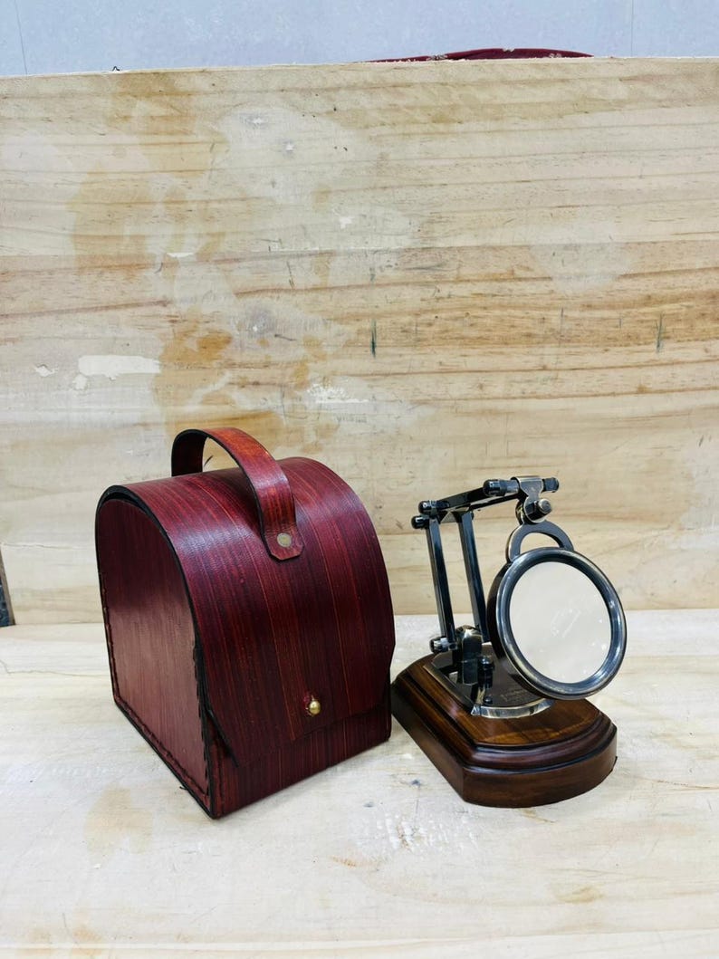 Antique Brass Magnifier 3.5" on Wooden Stand with Red Leather Case view 10