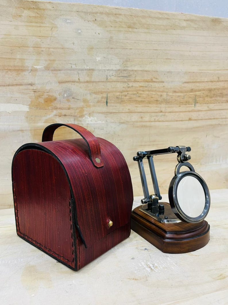 Antique Brass Magnifier 3.5" on Wooden Stand with Red Leather Case view 11