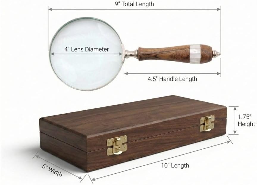 Vintage Brass Handheld Magnifier 3.5" with Wooden Handle and Wooden Box view 3