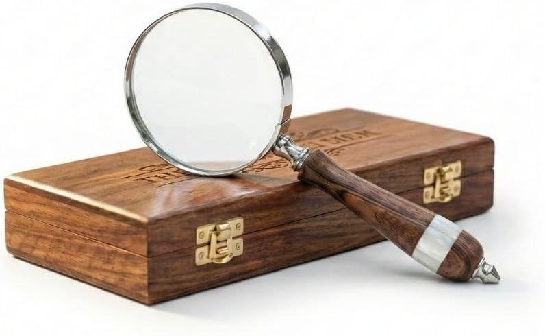 Vintage Brass Handheld Magnifier 3.5" with Wooden Handle and Wooden Box view 14