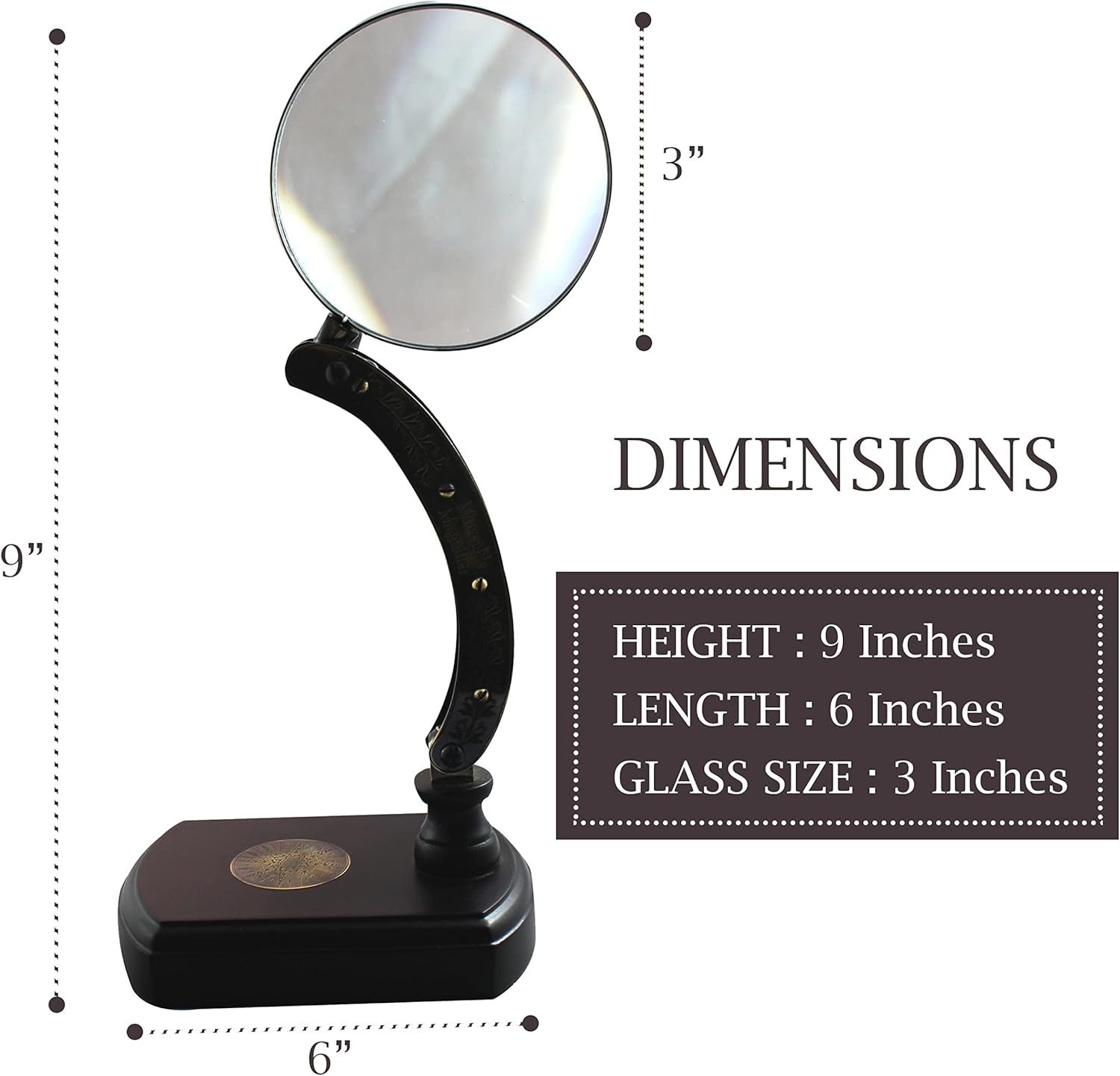 Antique Brass Magnifier 3.5" on Wooden Base Stand view 3