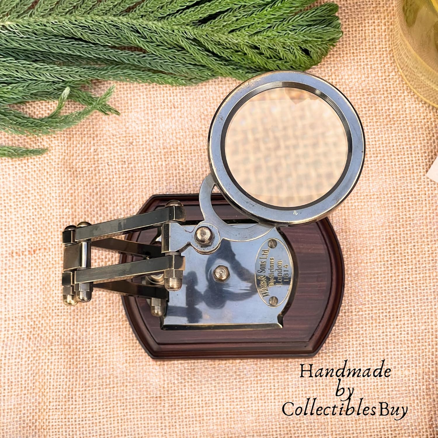 Antique Brass Magnifier 3.5" on Three-Hinge Adjustable Wooden Stand view 2