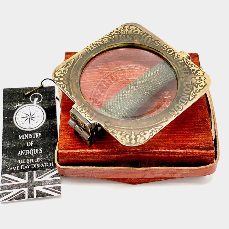 Foldable All-Brass Square Lens Magnifier 2.75" with Red Leather Sling Case view 5