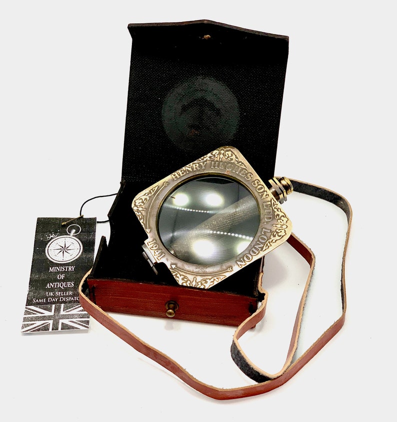 Foldable All-Brass Square Lens Magnifier 2.75" with Red Leather Sling Case view 8