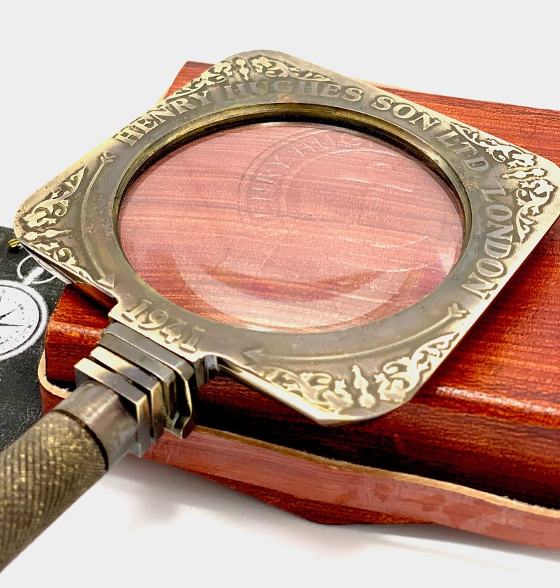 Foldable All-Brass Square Lens Magnifier 2.75" with Red Leather Sling Case view 9