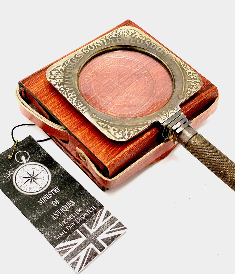 Foldable All-Brass Square Lens Magnifier 2.75" with Red Leather Sling Case view 10