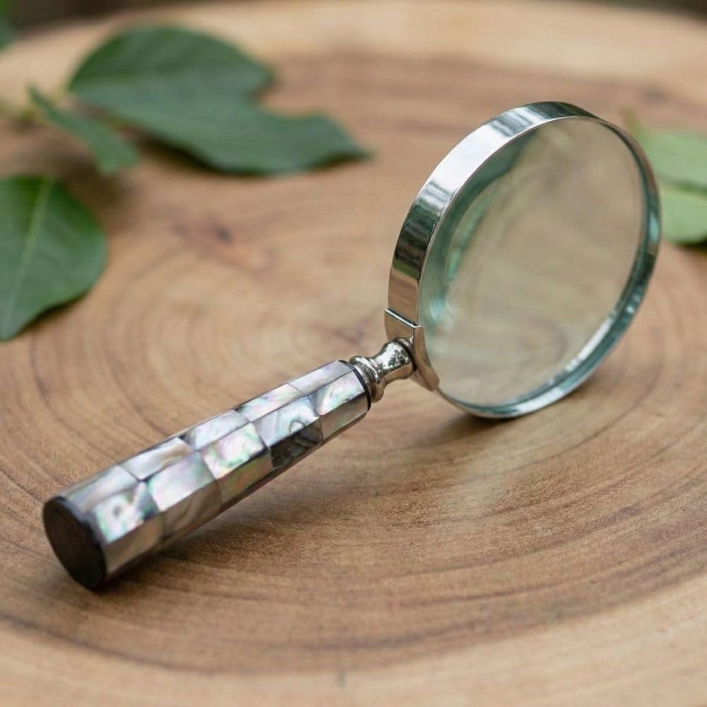 Brass Frame Handheld Magnifier 4" with Mother of Pearl Handle view 2