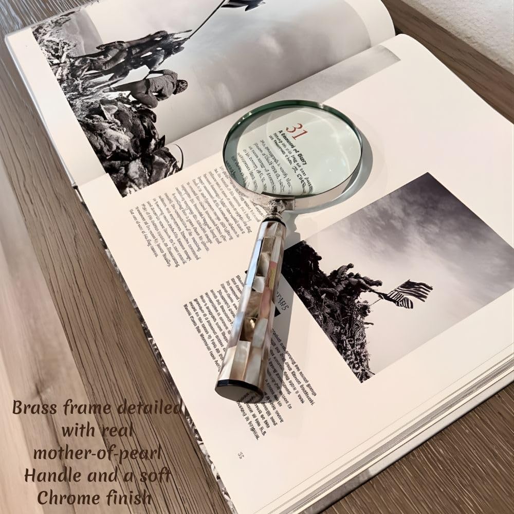 Brass Frame Handheld Magnifier 4" with Mother of Pearl Handle view 4