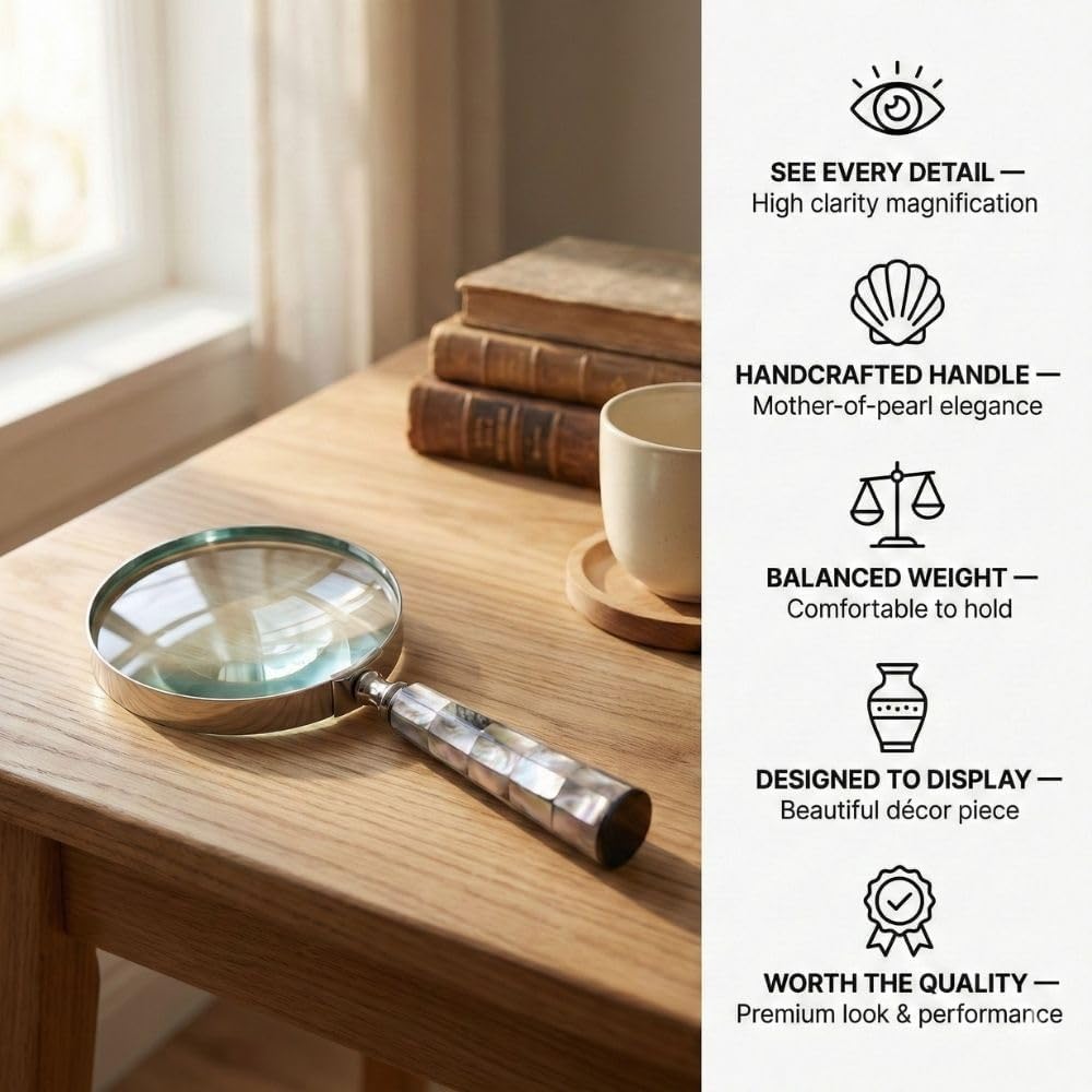 Brass Frame Handheld Magnifier 4" with Mother of Pearl Handle view 5