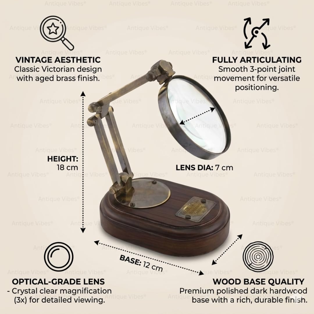 All-Brass Magnifier 3" on Three-Hinge Adjustable Wooden Base Stand view 2