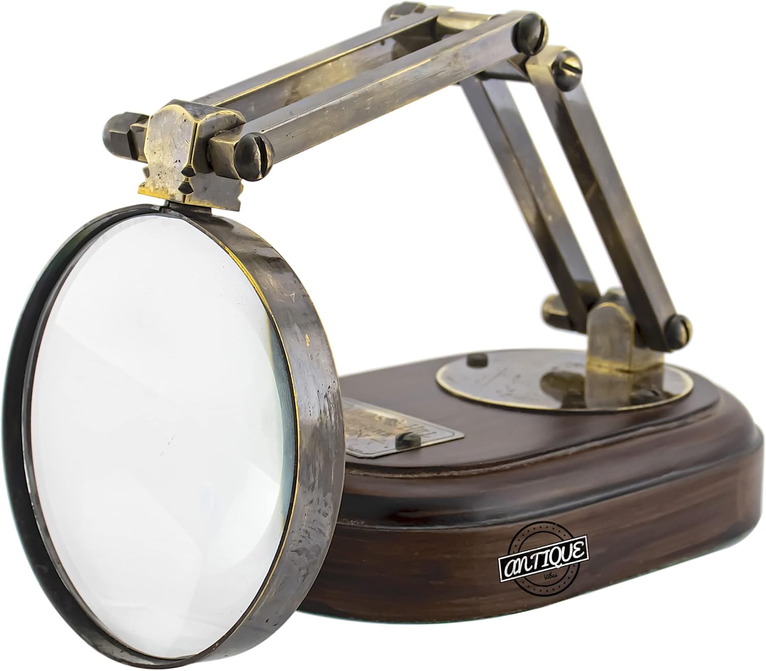 All-Brass Magnifier 3" on Three-Hinge Adjustable Wooden Base Stand view 3