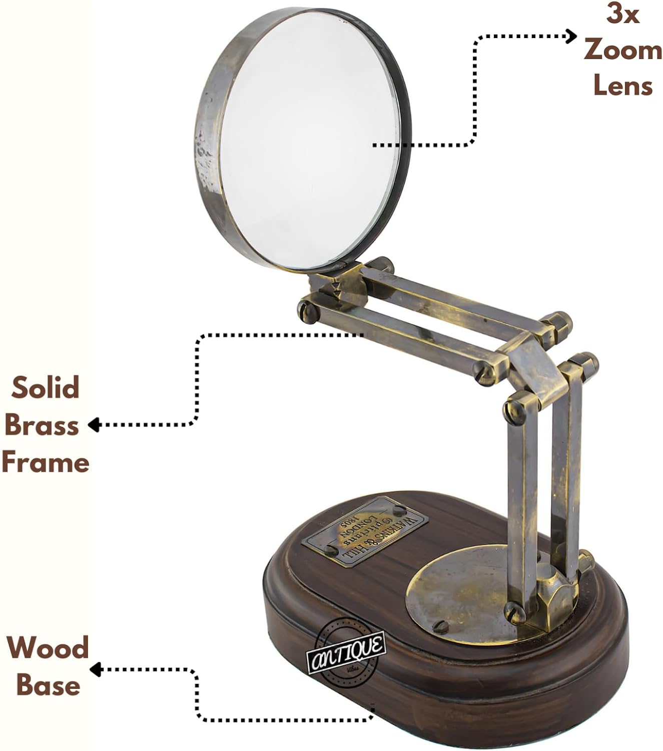 All-Brass Magnifier 3" on Three-Hinge Adjustable Wooden Base Stand view 4