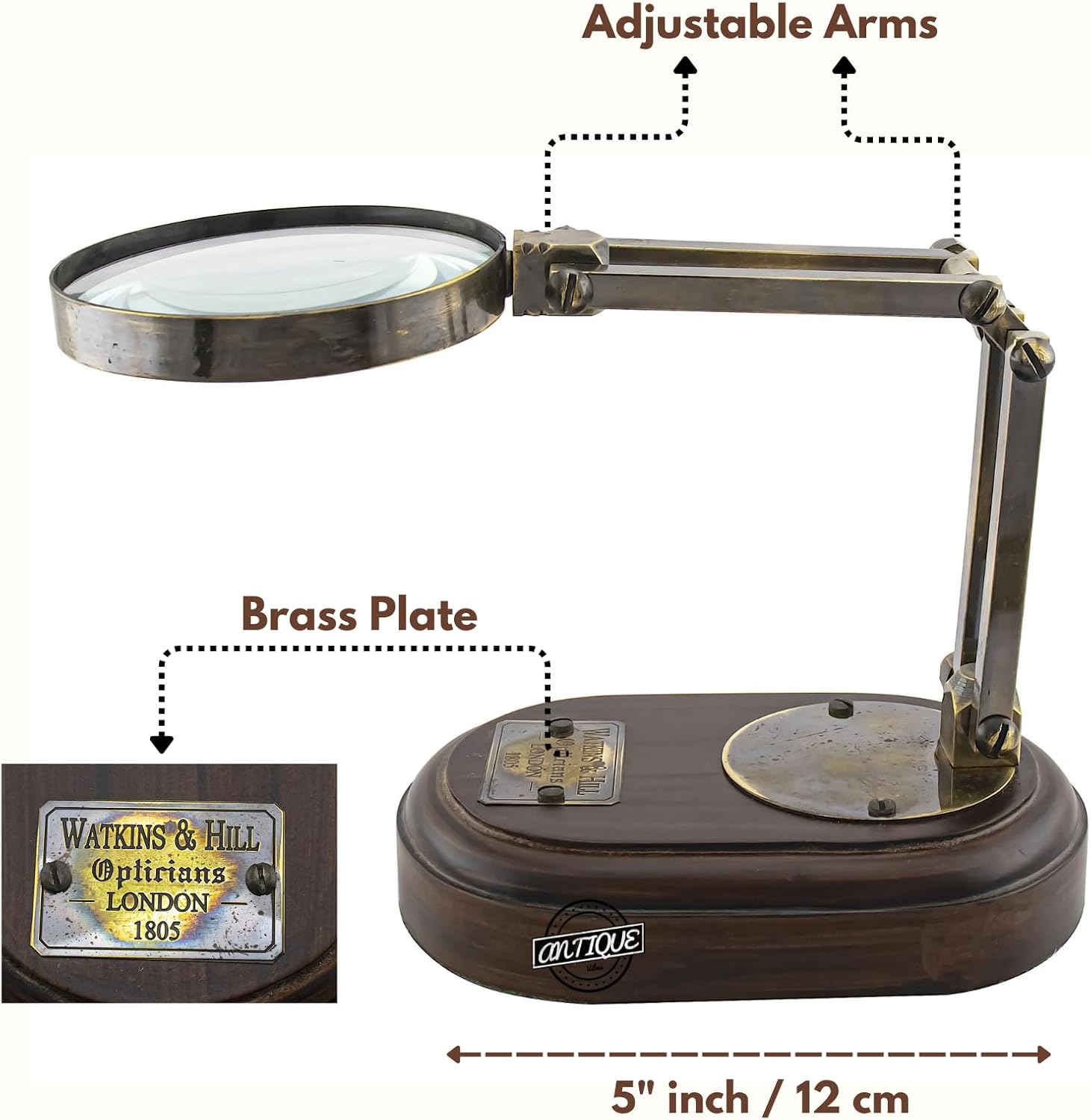 All-Brass Magnifier 3" on Three-Hinge Adjustable Wooden Base Stand view 5