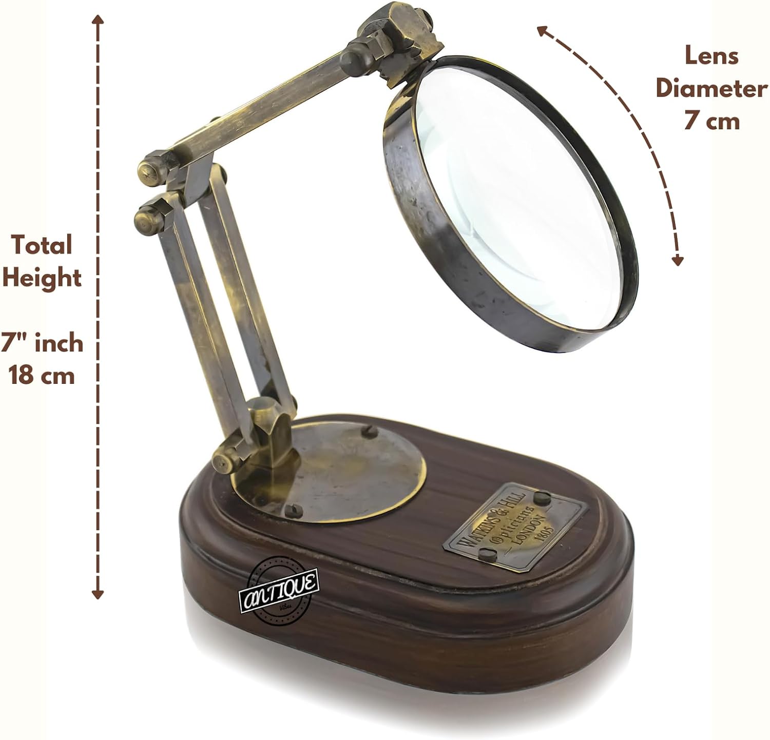 All-Brass Magnifier 3" on Three-Hinge Adjustable Wooden Base Stand view 6
