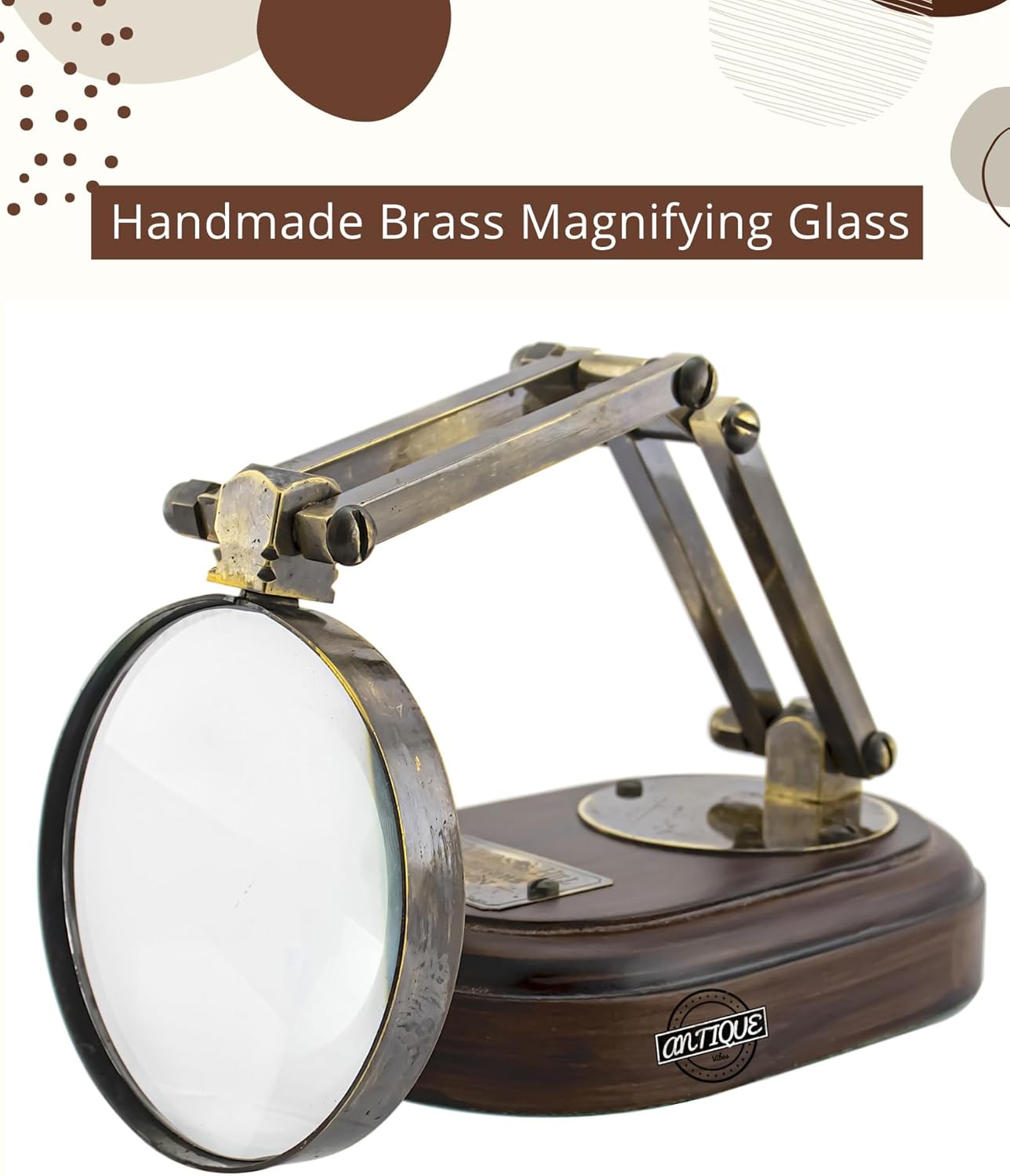 All-Brass Magnifier 3" on Three-Hinge Adjustable Wooden Base Stand view 7