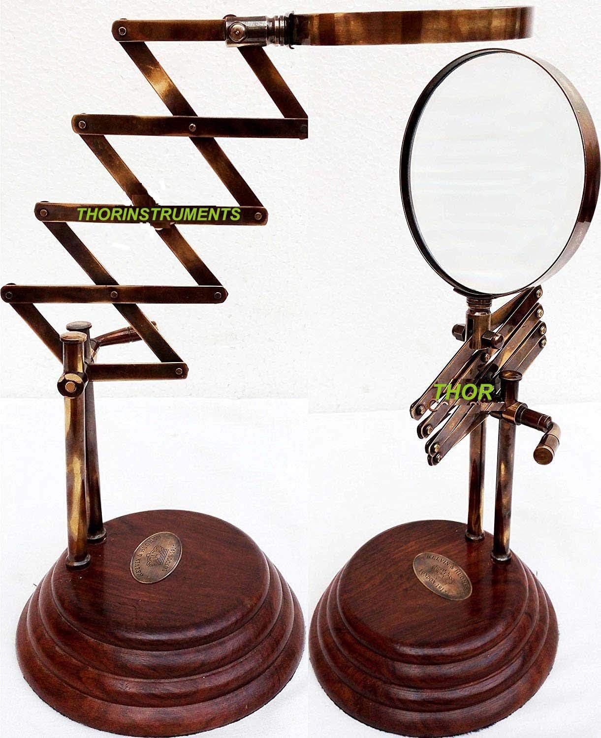 All-Brass Magnifier 4" on Wooden Stepped Round Base with Zigzag Mechanism view 3