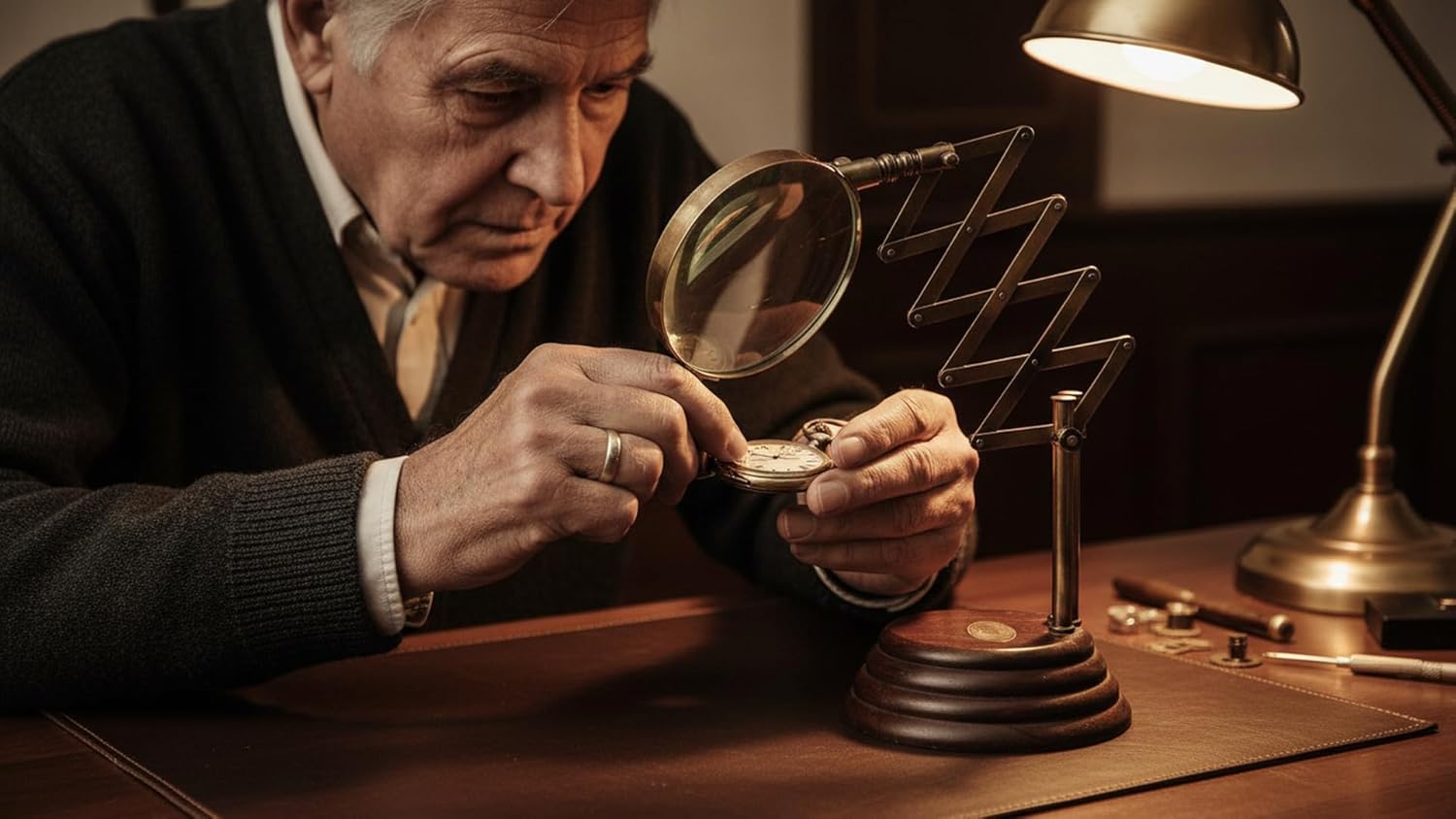 All-Brass Magnifier 4" on Wooden Stepped Round Base with Zigzag Mechanism view 4
