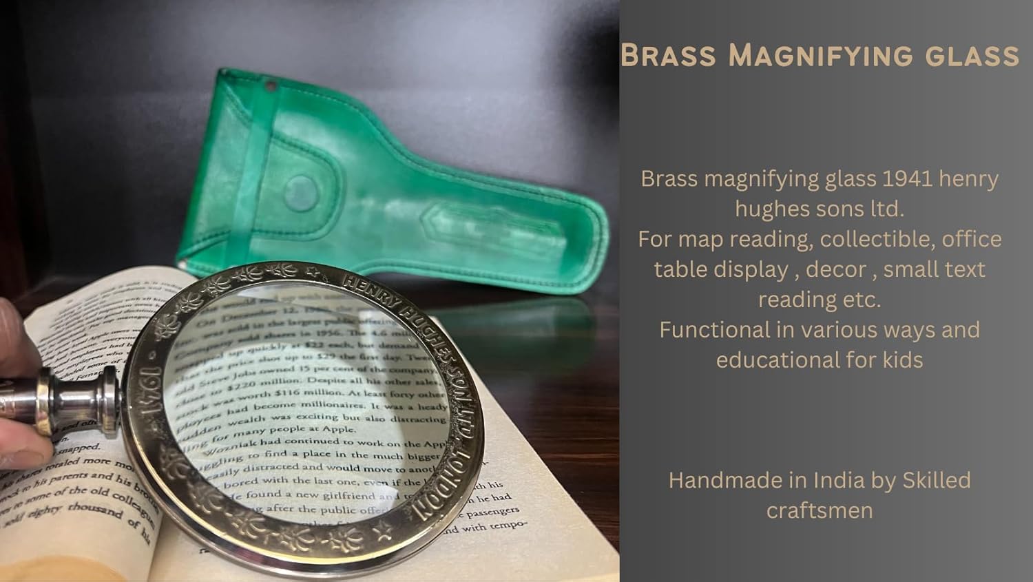 Solid Brass Handheld Magnifier 3" with Green Leather Case view 4