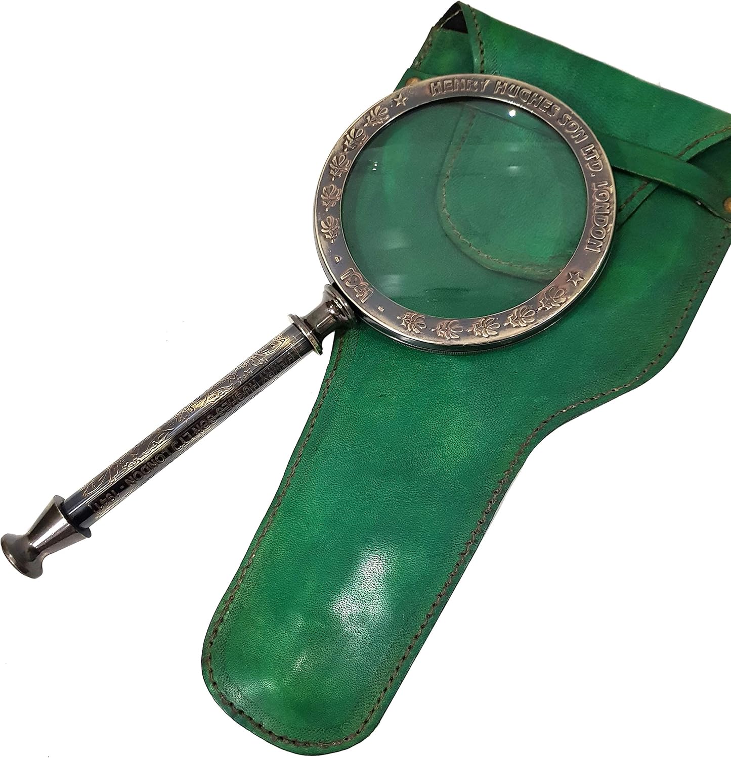 Solid Brass Handheld Magnifier 3" with Green Leather Case view 9
