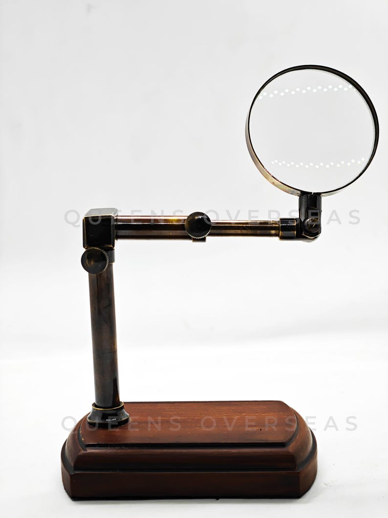 All-Brass Magnifier 2.5" on Extendable Arm MDF Wood Base Stand view 4