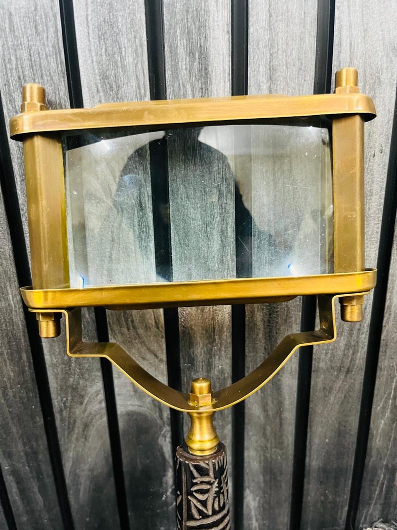 All-Brass Handheld Magnifier 5" with Rectangular Lens and Wooden Handle view 2