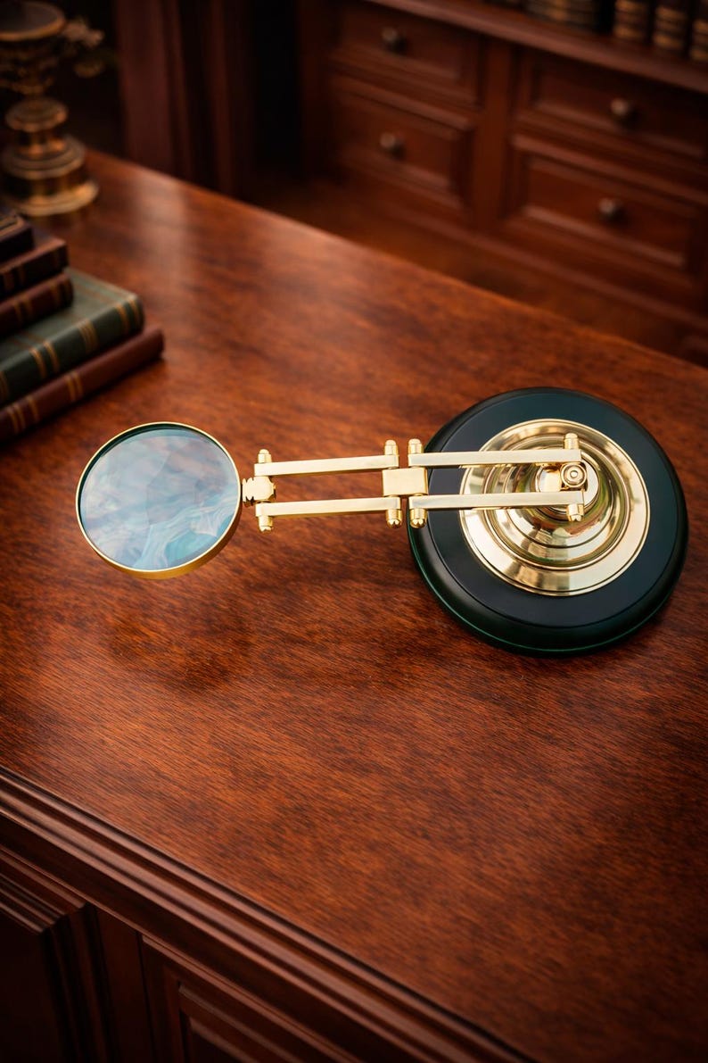 Polished Brass Magnifier 3" on Wooden Stand Base view 2