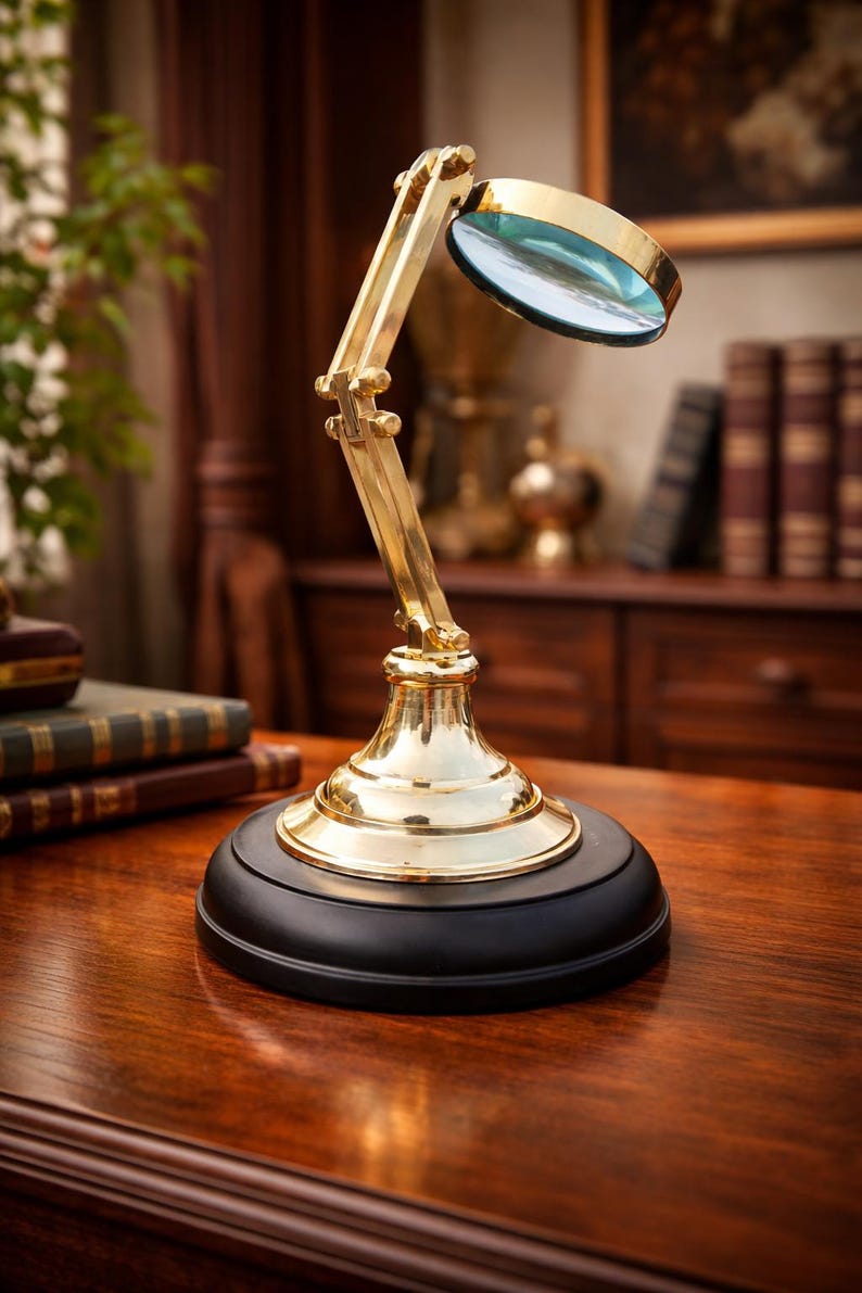 Polished Brass Magnifier 3" on Wooden Stand Base view 6
