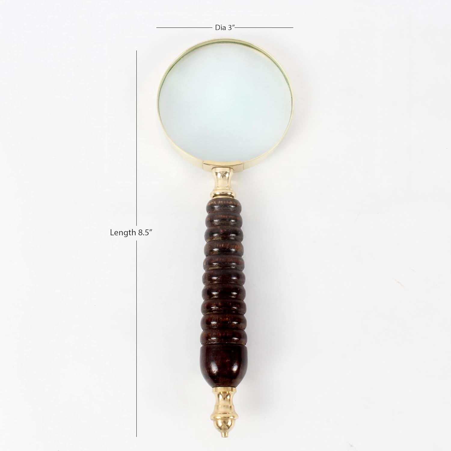 All-Brass Polished Handheld Magnifier 3.5" with Dark Brown Wooden Handle view 2