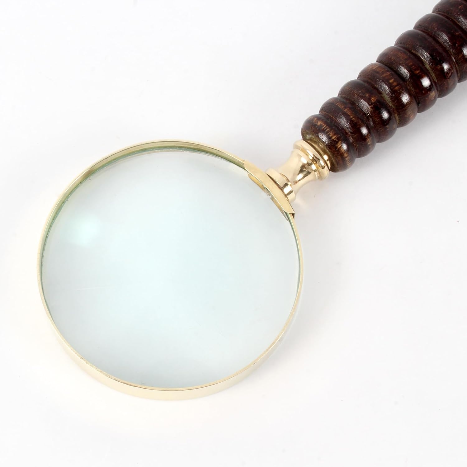 All-Brass Polished Handheld Magnifier 3.5" with Dark Brown Wooden Handle view 3