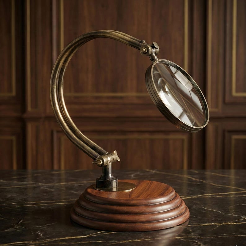 All-Brass Magnifier 3.5" on Adjustable Wooden Stand view 2