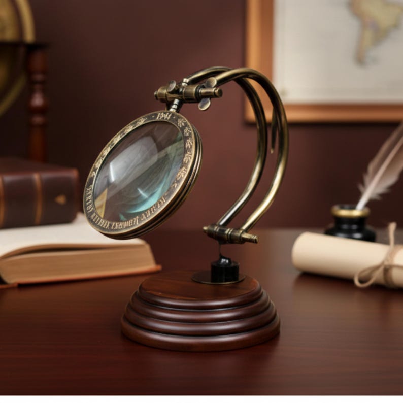 All-Brass Magnifier 3.5" on Adjustable Wooden Stand view 4