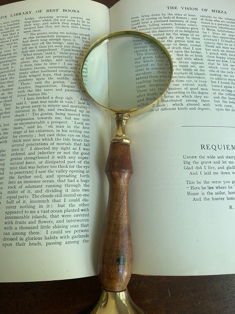 Brass and Wood Tabletop Magnifier 3.5" on Wooden Stand view 5