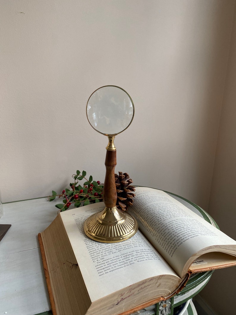 Brass and Wood Tabletop Magnifier 3.5" on Wooden Stand view 7
