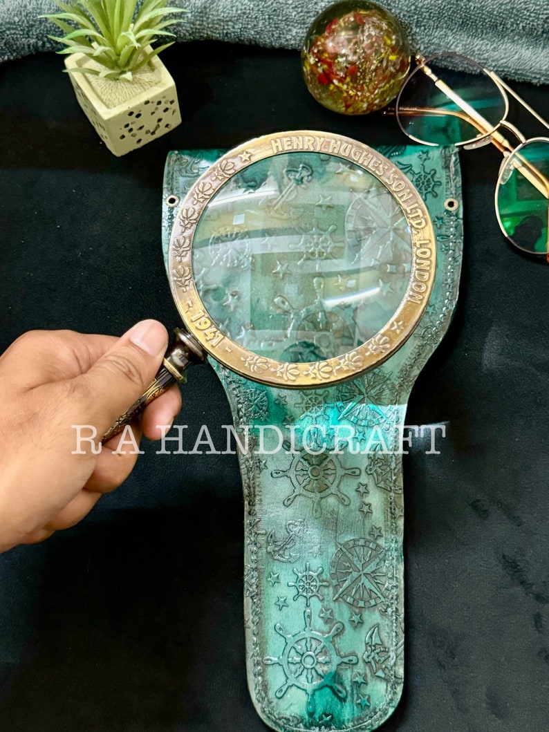 Solid Brass Handheld Magnifier 3" with Engraved Floral Green Leather Case view 2