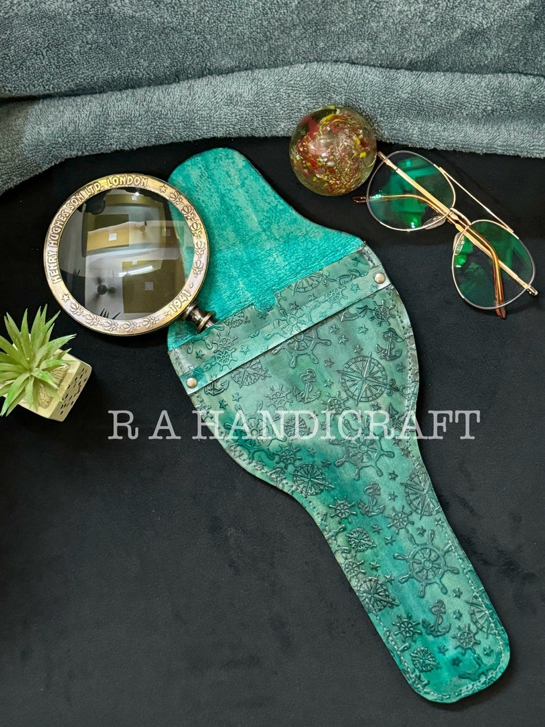 Solid Brass Handheld Magnifier 3" with Engraved Floral Green Leather Case view 4