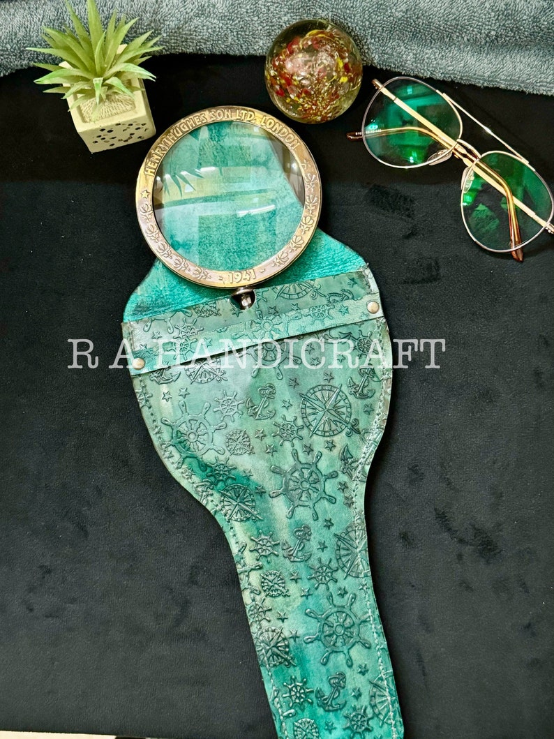 Solid Brass Handheld Magnifier 3" with Engraved Floral Green Leather Case view 8