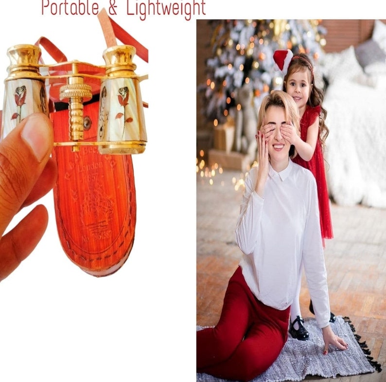 Brass Opera Glasses with Red Leather Case — Rose and Leaf Inlay view 3