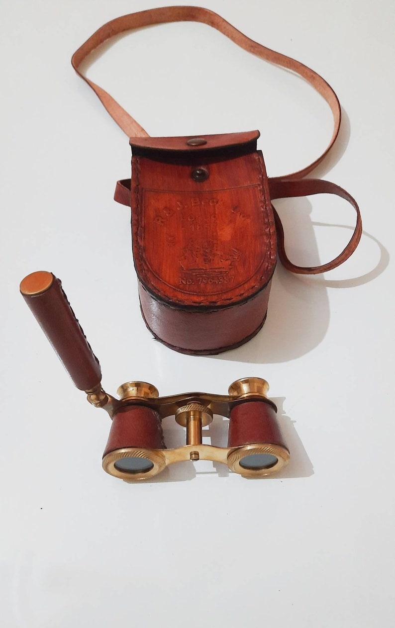 Leather-Wrapped Brass Opera Glasses with Red Leather Case view 2
