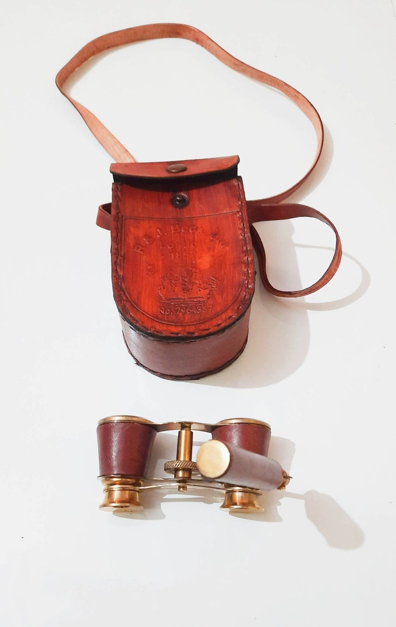 Leather-Wrapped Brass Opera Glasses with Red Leather Case view 3