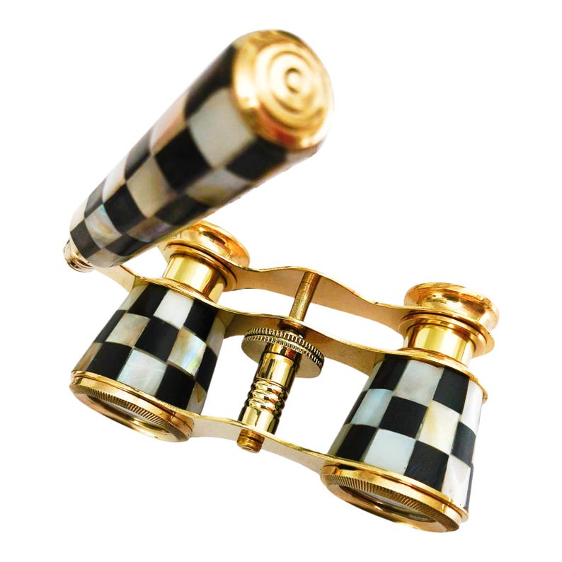 Brass Opera Glasses with Wooden Box — Black and White Mother of Pearl view 2