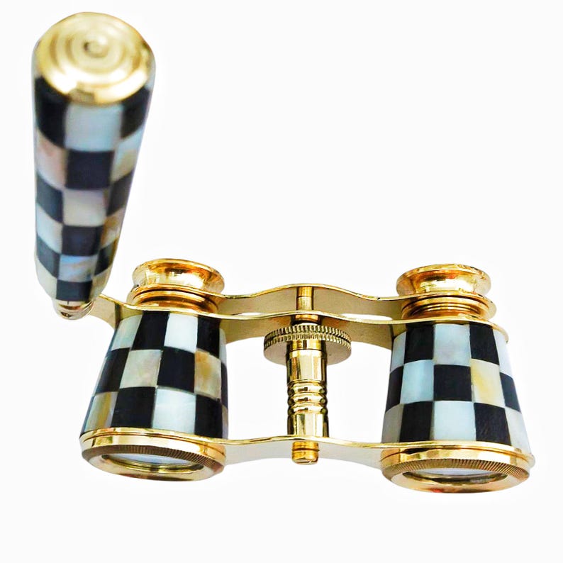 Brass Opera Glasses with Wooden Box — Black and White Mother of Pearl view 3